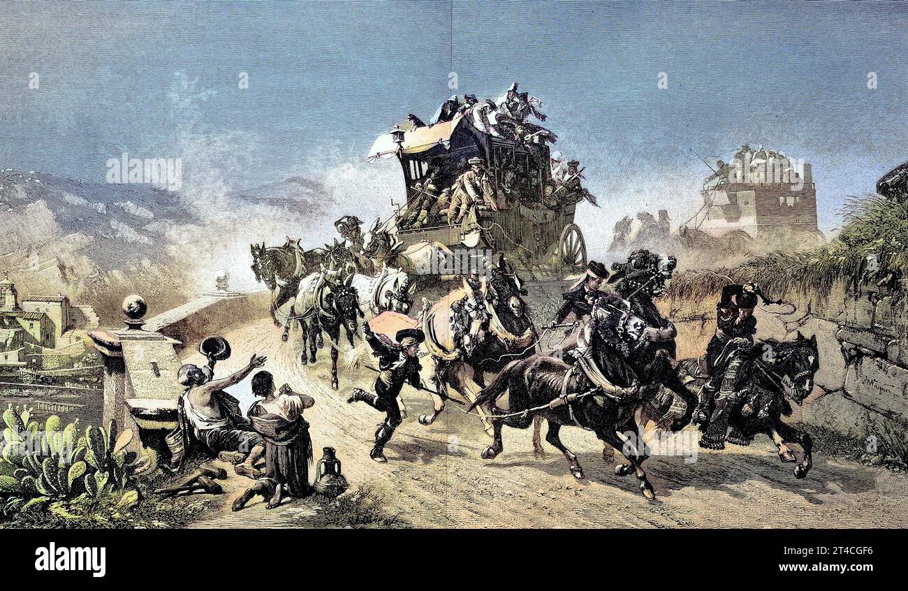 Eine Postkutsche in der Nähe von Toledo in Spanien, digital verbesserte Reproduktion aus einer Publikation aus dem Jahr 1880 / Una diligenza nei pressi di Toledo in Spagna, digital Improved Reproduction from a Publication of the Year 1880 Foto Stock