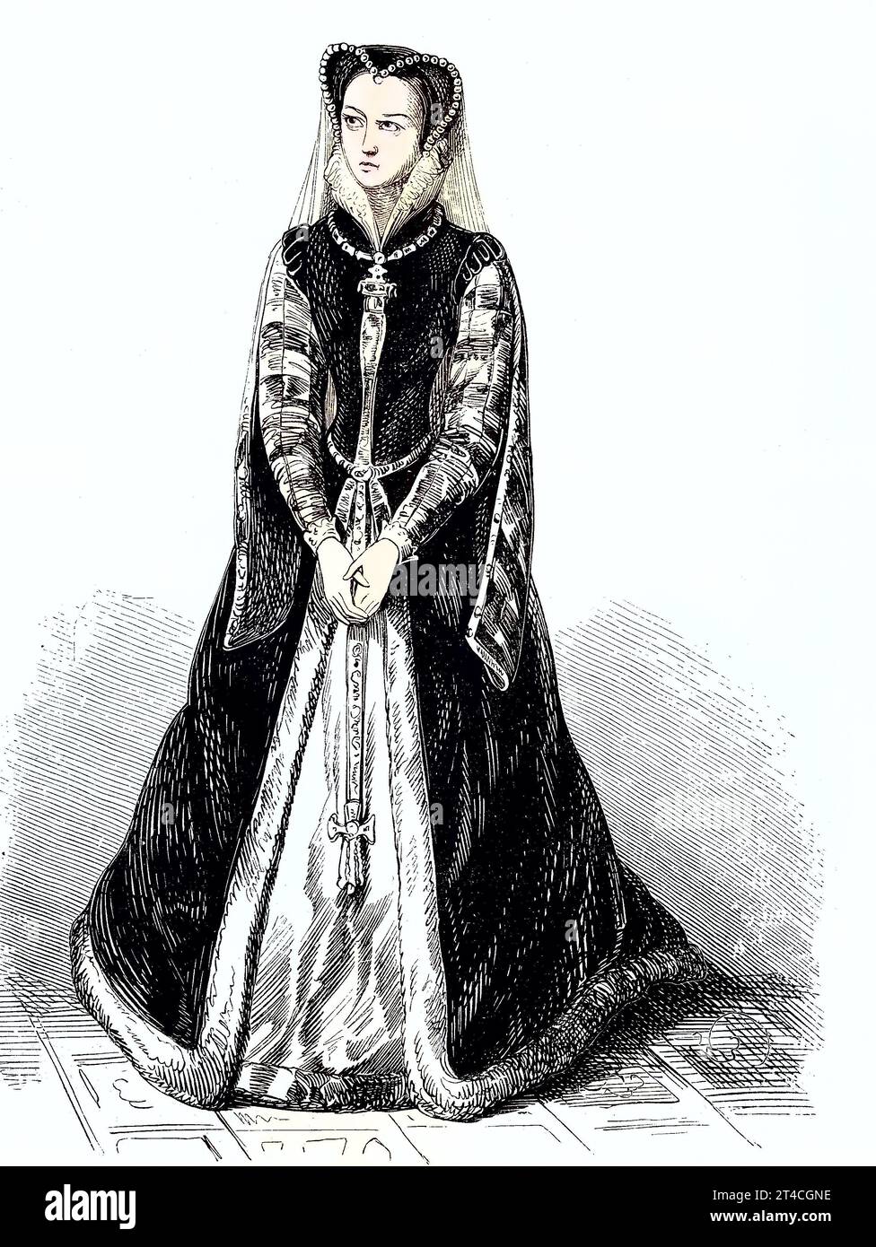 Maria Stuart als entthronte Königin. Maria, Königin der Schotten, 8. Dezember 1542 - 8. Febbraio 1587, auch bekannt als Maria Stuart oder Maria I. von Schottland, regierte vom 14. Dezember 1542 bis zum 24. Juli 1567 über Schottland, Reproduktion eines Holzschnitts aus dem Jahr 1880, digital verbessert / Maria Stuart come regina detronizzata. Maria, Regina di Scozia, 8 dicembre 1542 - 8 febbraio 1587, nota anche come Maria Stuart o Maria i di Scozia, regnò sulla Scozia dal 14 dicembre 1542 al 24 luglio 1567, riproduzione di una xilografia dell'anno 1880, digitale migliorata Foto Stock