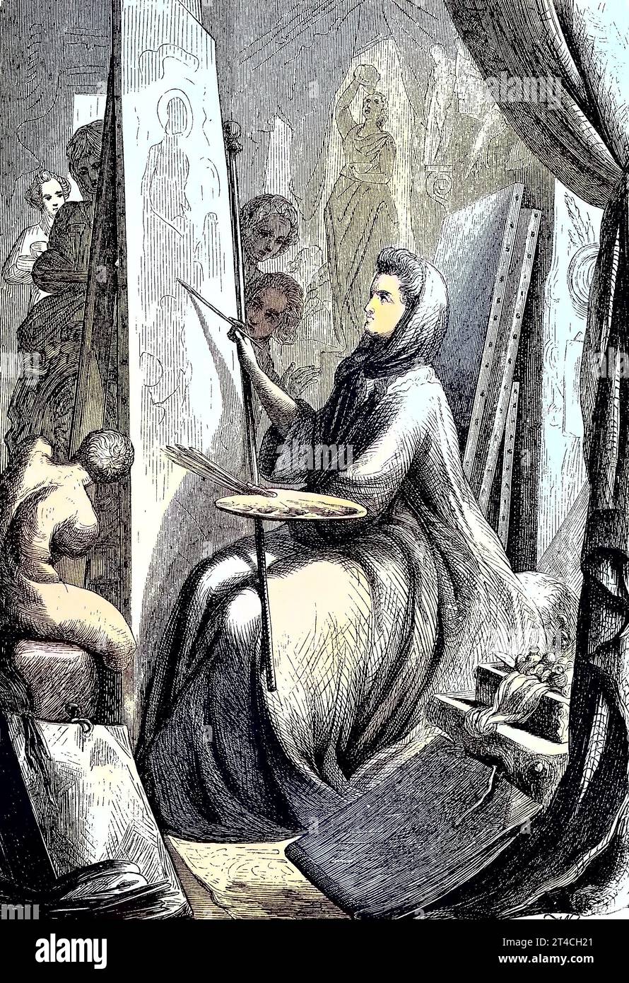 Maria Anna Angelika Kauffmann, 1741 - 1807, im Englischen meist als Angelica Kauffman bekannt, eine Schweizer Malerin des Neoklassizismus, Die in London und Rom erfolgreich tätig War, Reproduktion eines Holzschnitts aus dem Jahr 1880, digital verbessert / Maria Anna Angelika Kauffmann, 1741 1807, di solito conosciuta in inglese come Angelica Kauffman, un pittore neoclassico svizzero che ha avuto una carriera di successo a Londra e Roma, riproduzione di una xilografia dell'anno 1880, digitale migliorata Foto Stock