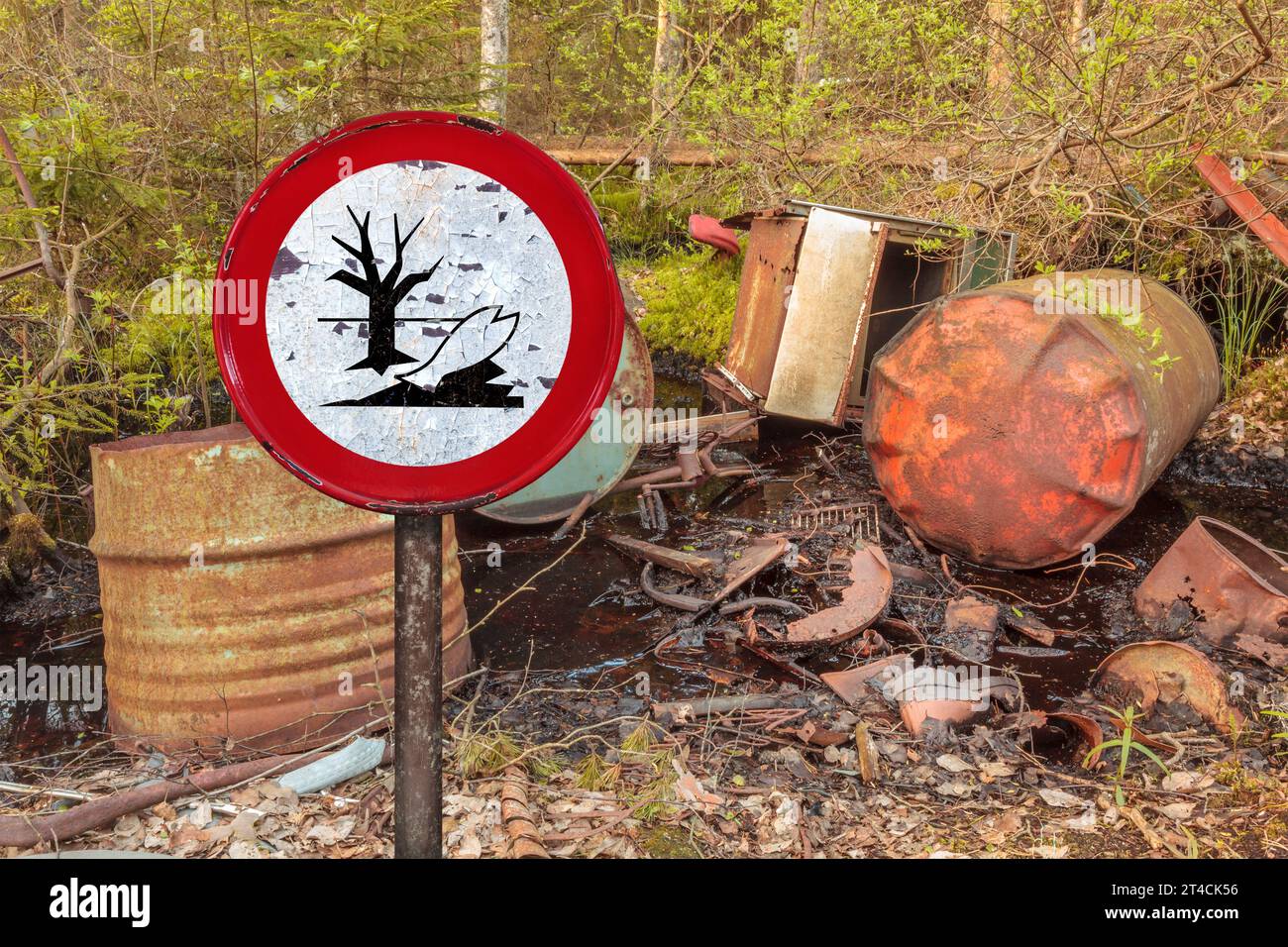 Cartello segnaletico davanti ai fusti di rifiuti tossici lasciati in una foresta Foto Stock