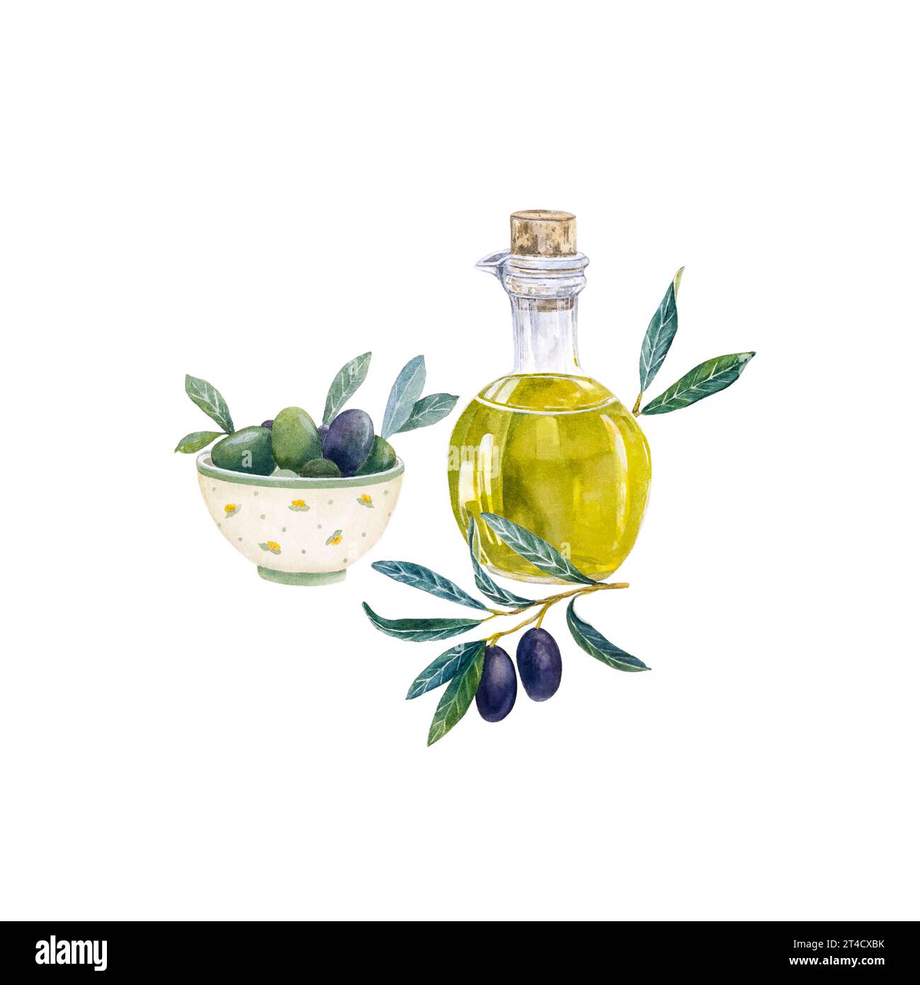 Bottiglia per pittura a mano ad acquerello con olio d'oliva e ramo d'oliva su sfondo bianco. Illustrazione degli alimenti ad acquerello. Foto Stock