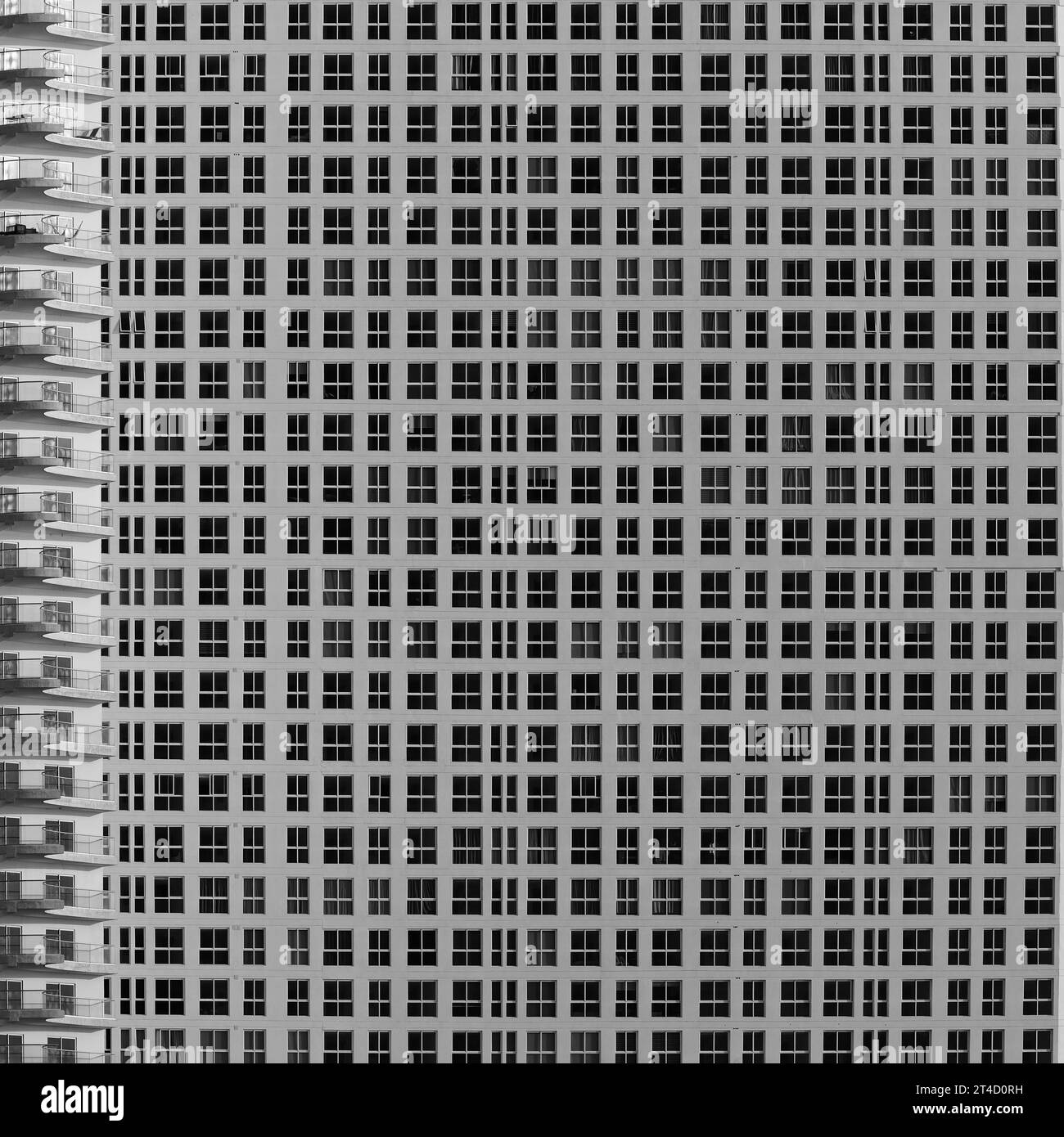 Questa accattivante fotografia in scala di grigi offre uno scorcio sulla densità urbana, epitomizzata dall'implacabile gamma di finestre che dominano l'inquadratura. La Foto Stock