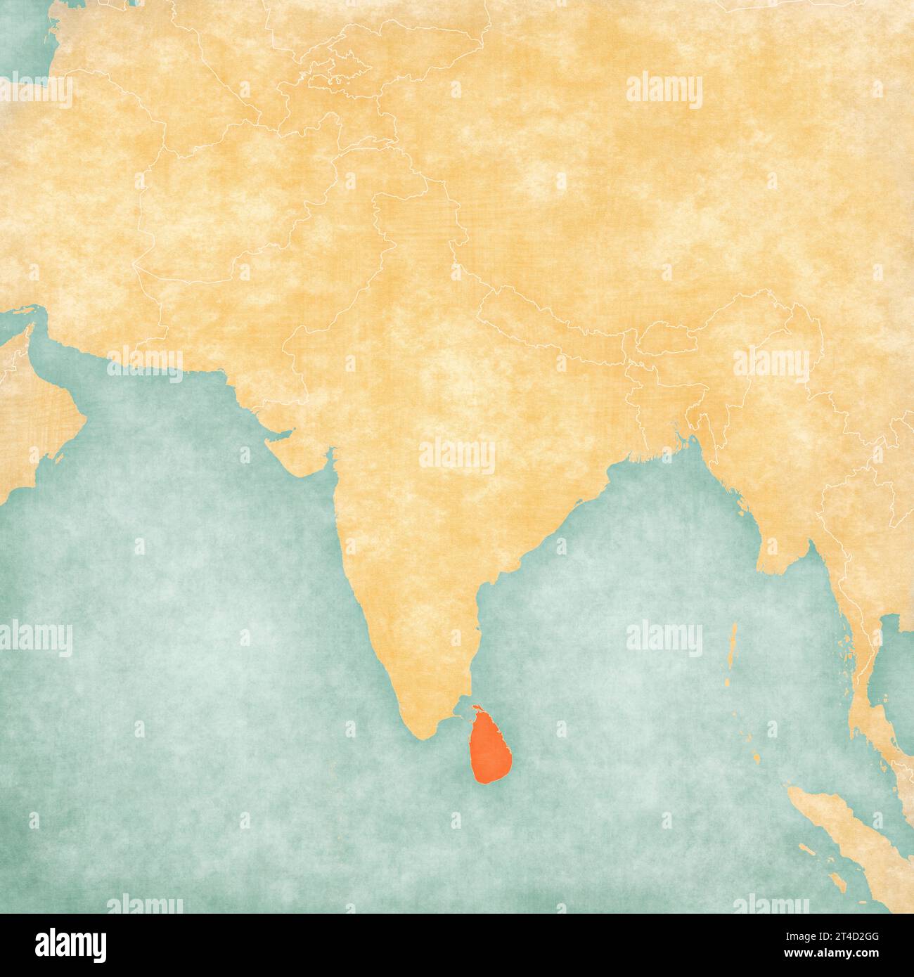 Sri Lanka sulla mappa dell'Asia meridionale in morbido stile grunge e vintage, come carta vecchia con pittura ad acquerello. Foto Stock