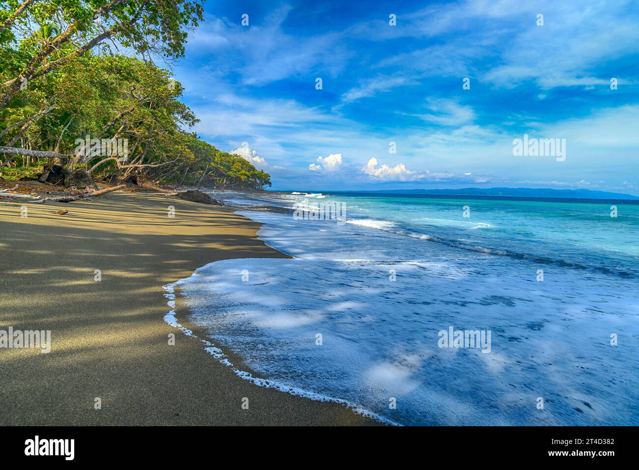 L'Oceano Pacifico incontra la foresta pluviale tropicale a Cabo Matapalo, penisola di osa, Costa Rica. Foto Stock