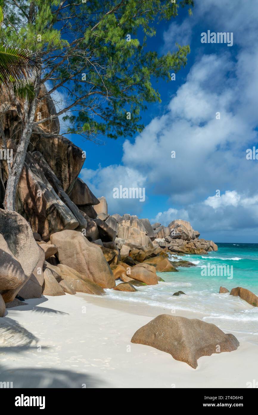 Rocce di granito sulla scenografica spiaggia tropicale di Grand Anse, l'isola di la Digue, Seychelles Foto Stock