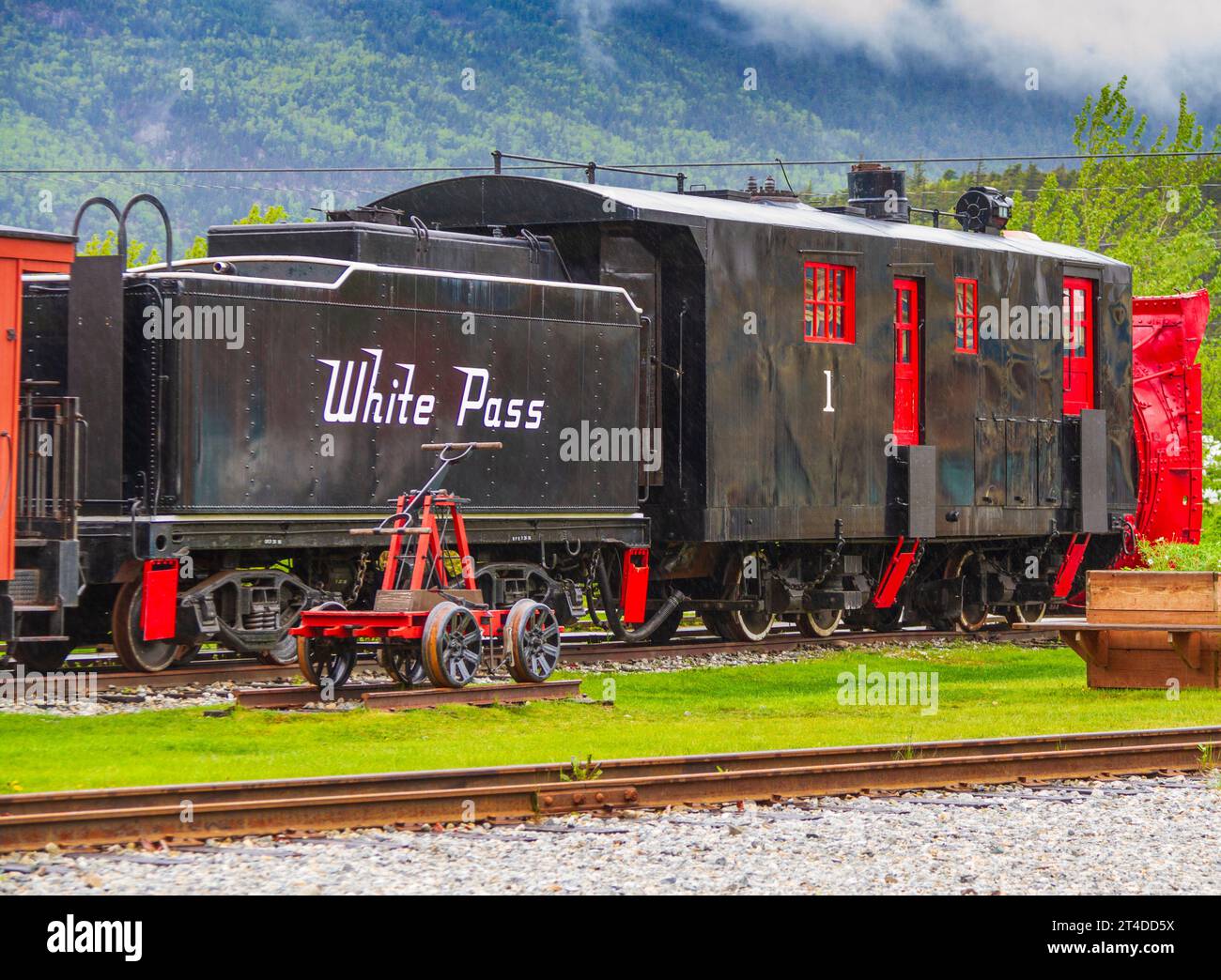 Deposito della stazione ferroviaria di White Pass e Yukon Route Railroad a Skagway, Alaska. Il giro panoramico in treno disponibile su questa linea sopra la montagna del White Pass Foto Stock