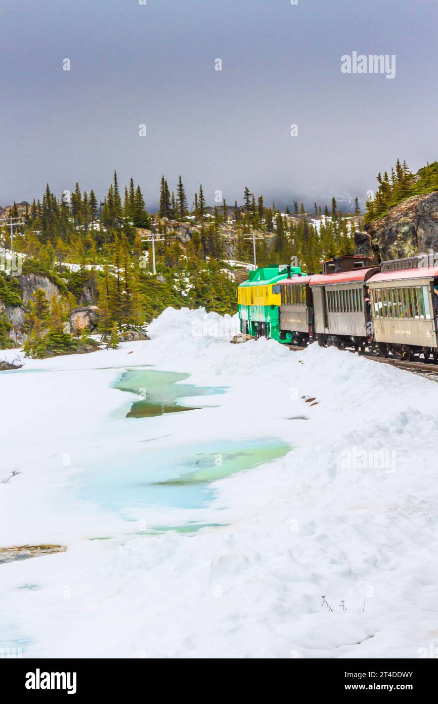 Viaggio in treno sulla White Pass e sulla Yukon Route (WP&YR) Railroad da Skagway, Alaska, a Fraser, British Columbia, Canada. Foto Stock