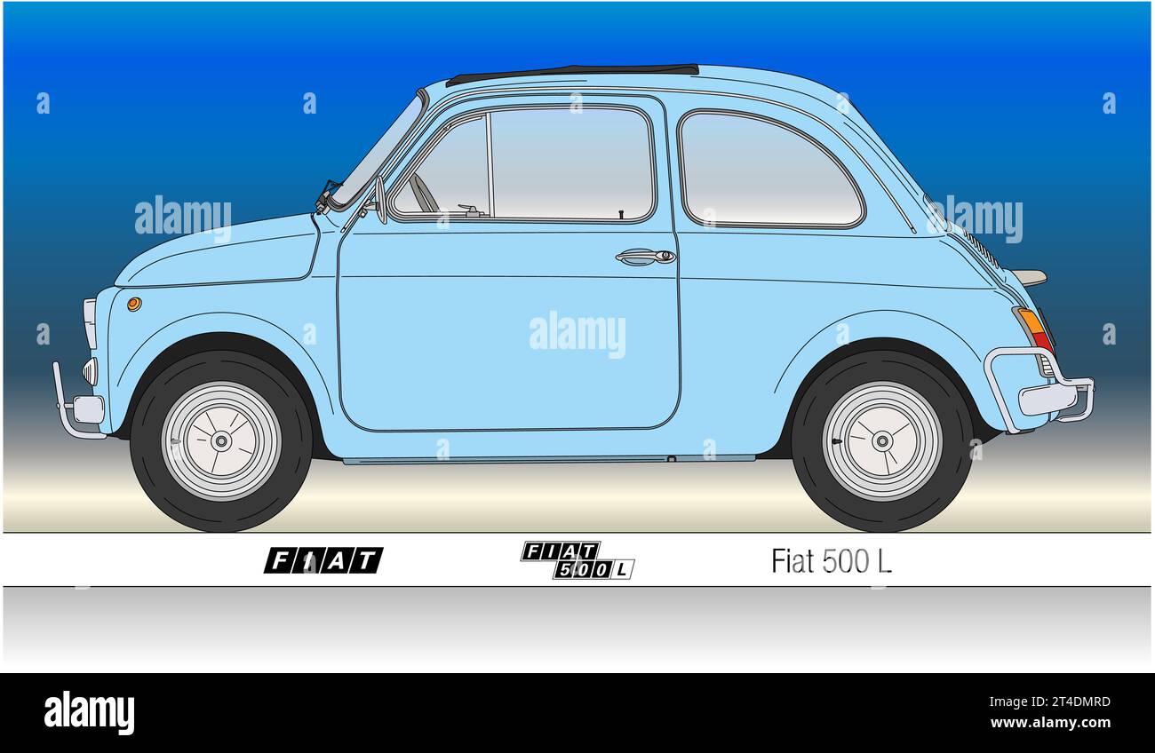 Italia, anno 1968, Fiat 500 L popolare auto d'epoca, silhouette su sfondo blu, illustrazione colorata Foto Stock