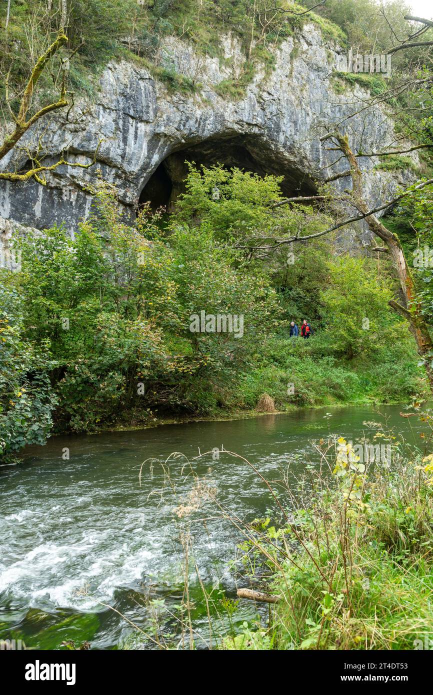 Il fiume dove con le grotte dove Holes nella valle di Dovedale, Peak District, Derbyshire, Inghilterra Foto Stock