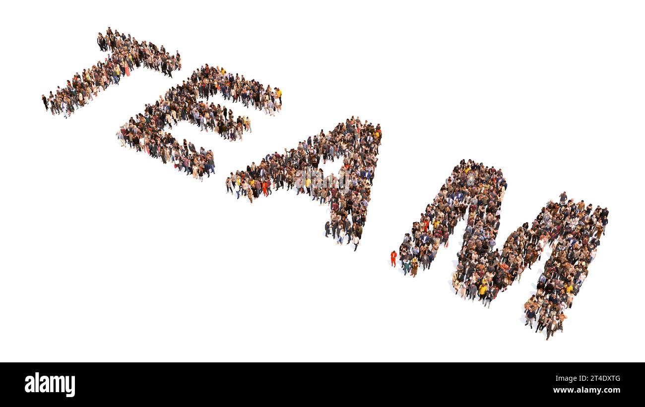 Grande comunità concettuale di persone che formano parola DI SQUADRA. 3d metafora illustrativa per il business, il lavoro di squadra, la gestione, la cooperazione, l'idea, soluzione Foto Stock