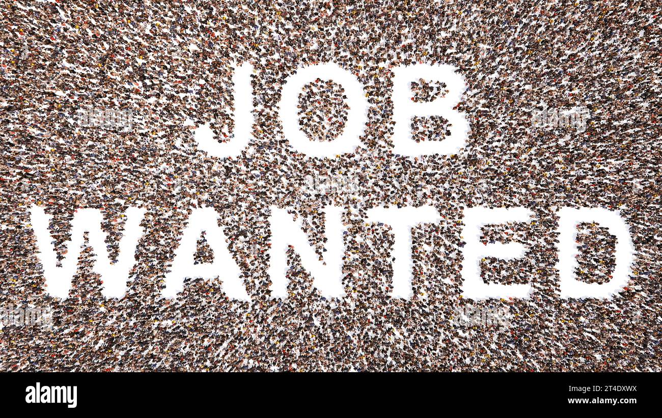 Concetto concettuale grande comunità di persone che formano LAVORO VOLUTO messaggio. 3d metafora illustrativa per il lavoro, le risorse umane, l'occupazione, il reclutamento Foto Stock