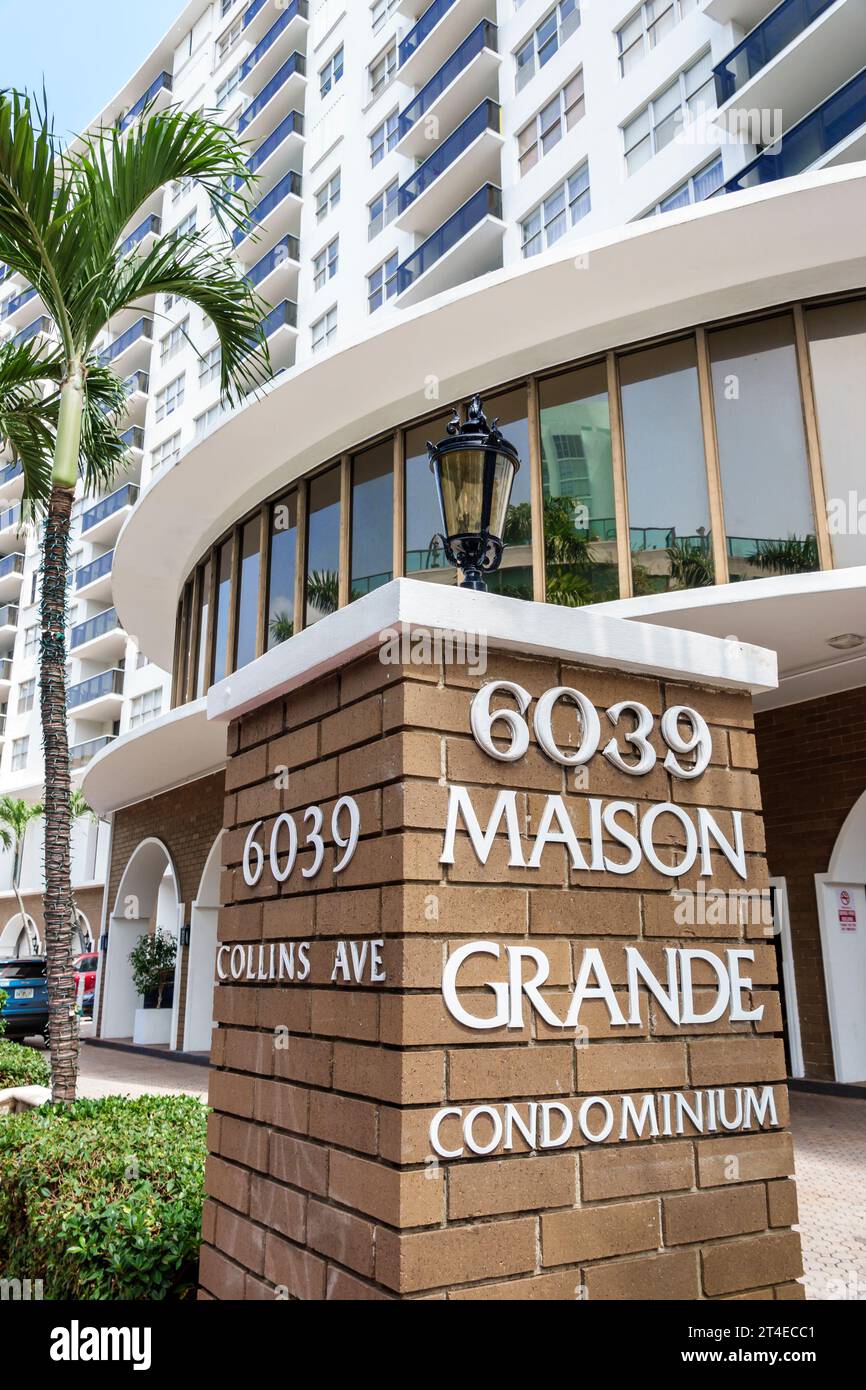 Miami Beach Florida, esterno, ingresso frontale dell'edificio, insegna Maison grande Condominium, Collins Avenue, grattacielo alto edificio City urb Foto Stock