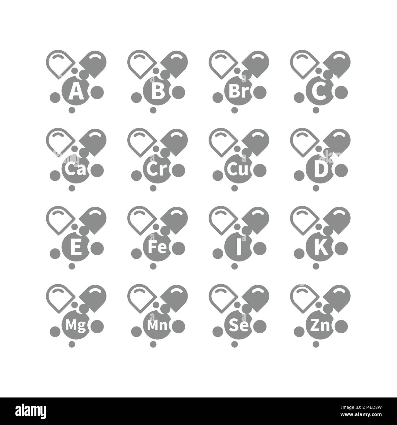 Set di icone vettoriali per capsule di vitamina C, B, D. Micronutrienti e integratori, icone di magnesio e zinco. Illustrazione Vettoriale