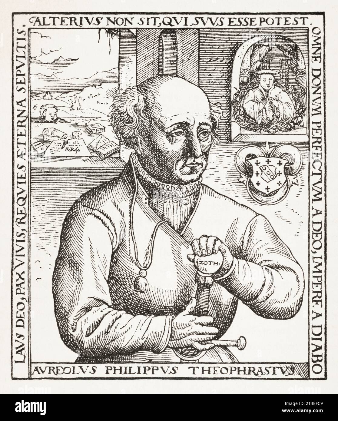 1568 taglio di legno di Philippus Theophrastus, meglio conosciuto come Paracelsus un noto XVI secolo pioniere medico e farmacista. Vedere Note. Foto Stock
