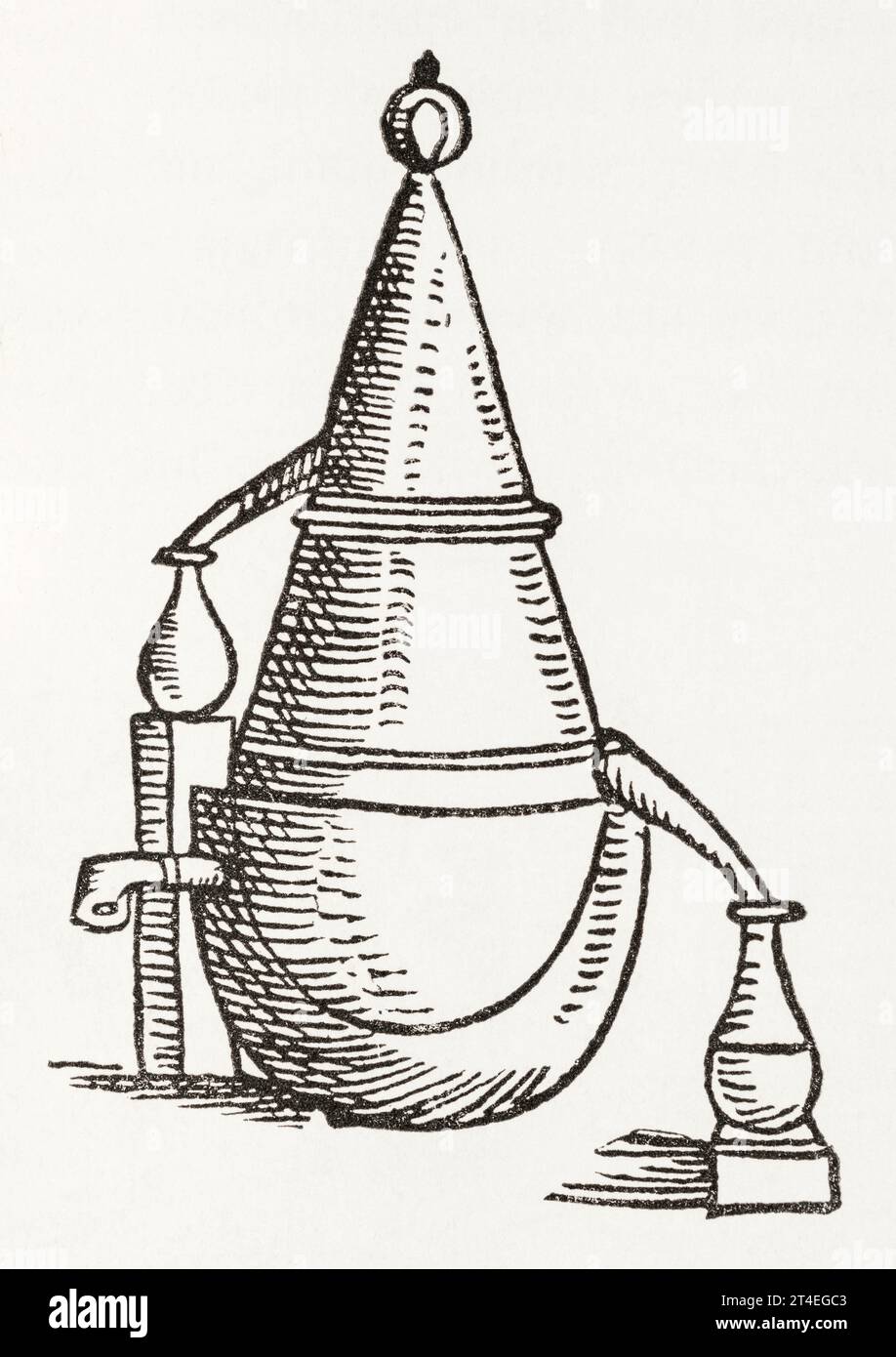16° c. apparecchio di distillazione con 2 tubi conduttori di elica. Da Gaulther Ryff 'Distiller's Book', 1567. Vedere Note. Foto Stock