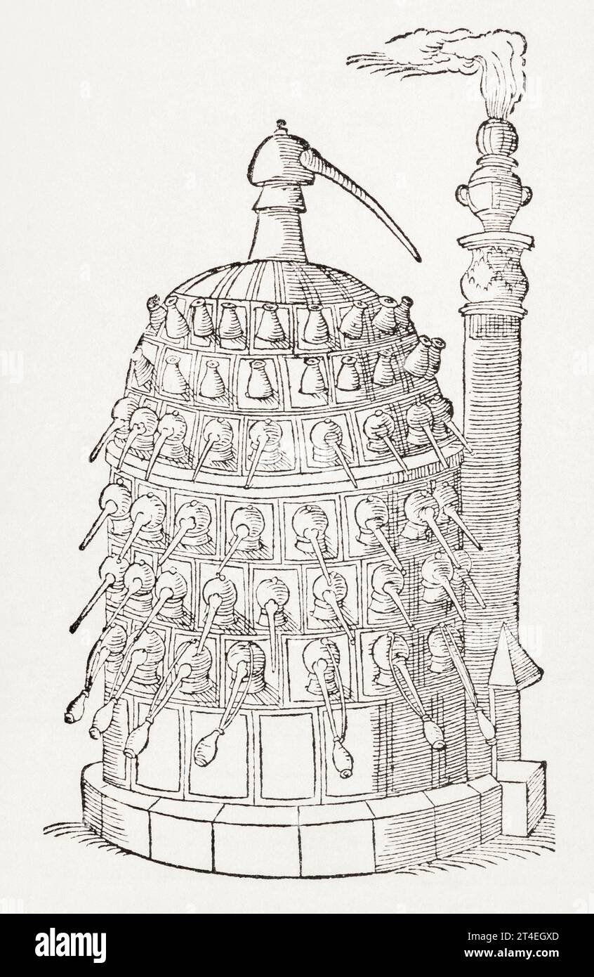 16th c. apothecary's Distilling Stove from Matthiolus 'Herb-Book', 1586. Scrive che questo potrebbe distillare 100 libbre d'acqua in 24 ore. Vedere Note. Foto Stock