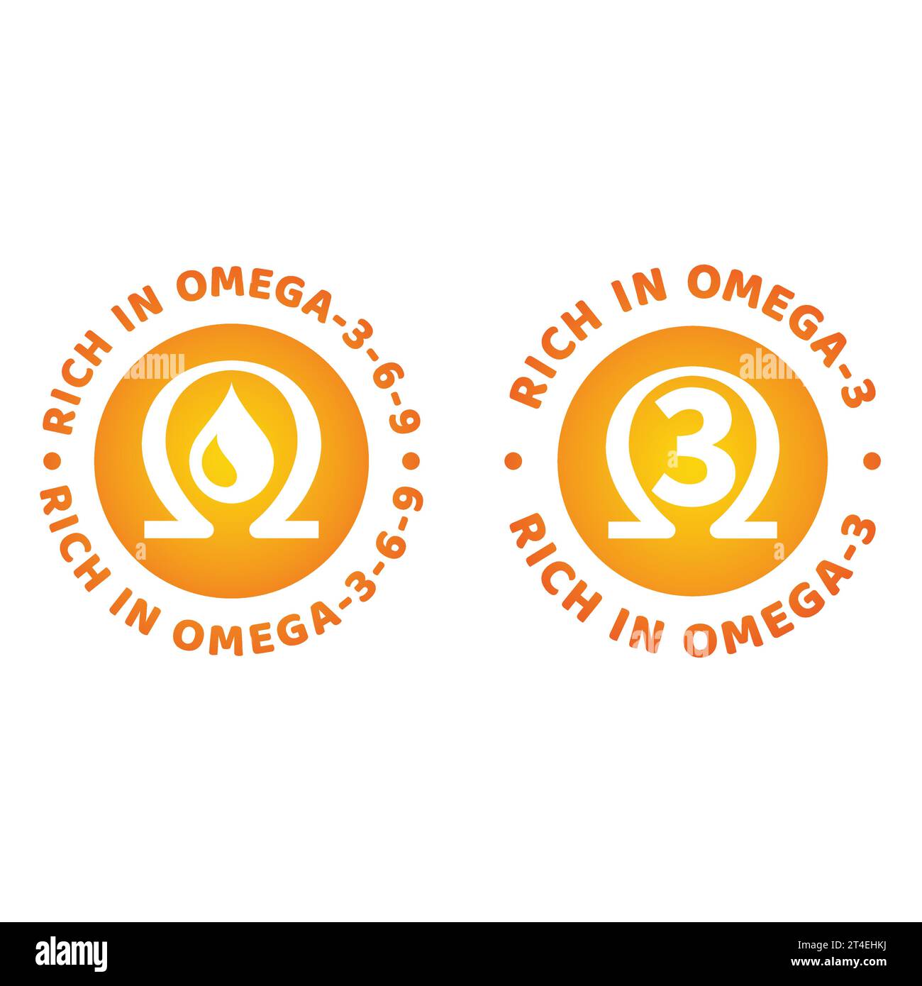 Ricco di etichetta vettoriale omega 3 6 9. Icona della fonte di cibo naturale dell'olio Omega. Illustrazione Vettoriale