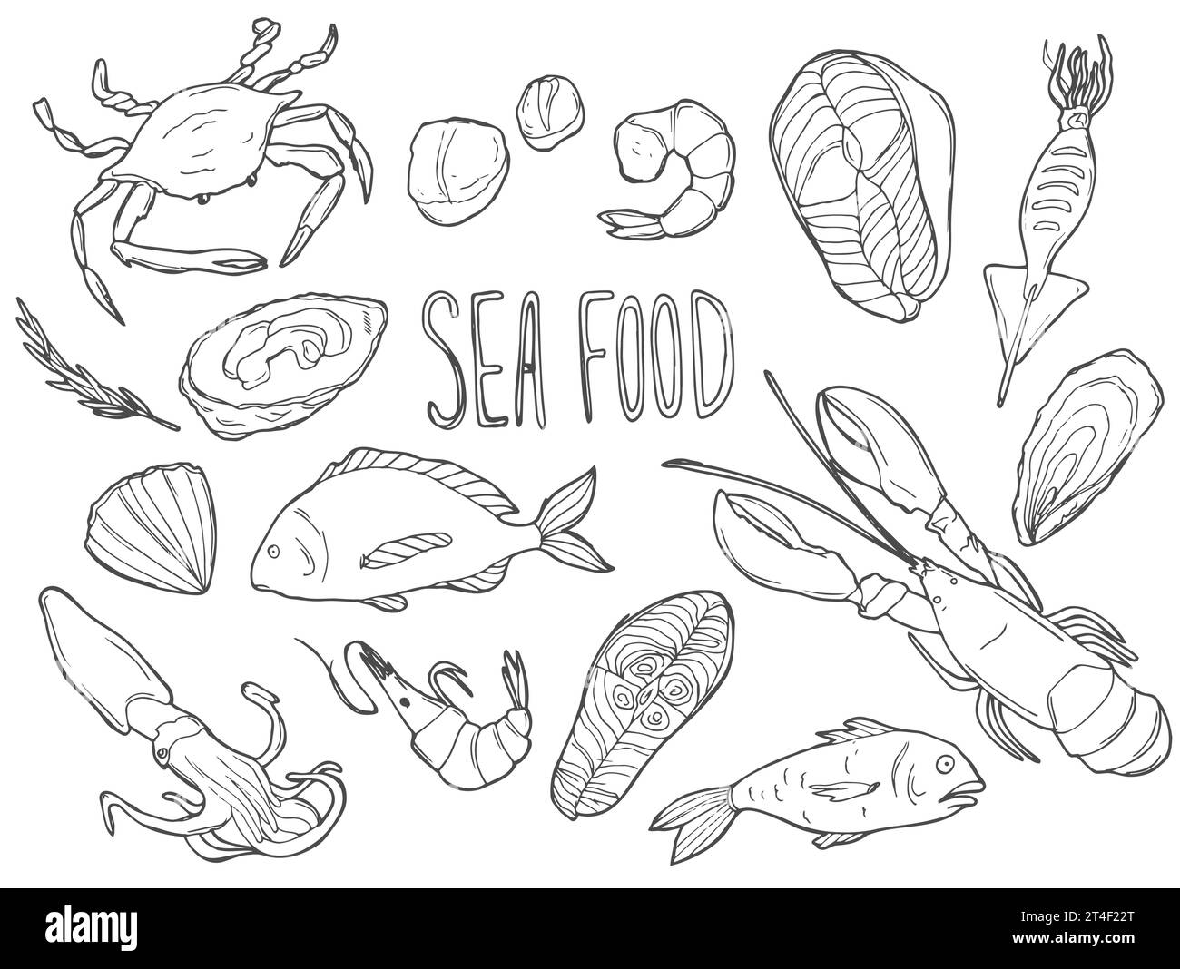 Set di frutti di mare disegnati a mano. Icone decorative Squid, Octopus, salmone, ostriche, capesante, aragosta, persico rosso, granchi e cozze illustrazione vettoriale Illustrazione Vettoriale