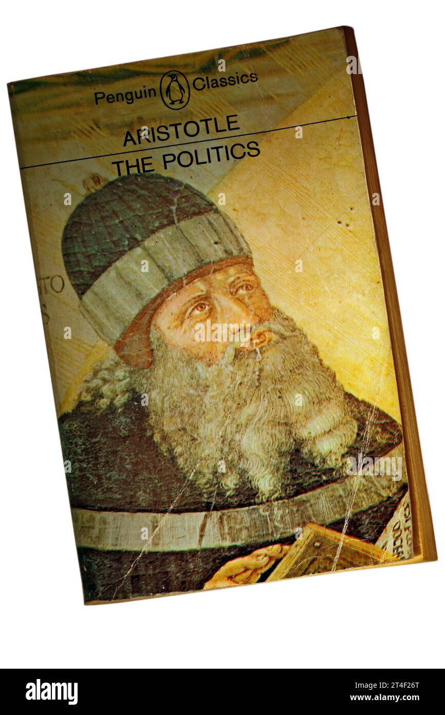 Aristotele, la politica. Copertina del libro su sfondo bianco. Foto Stock