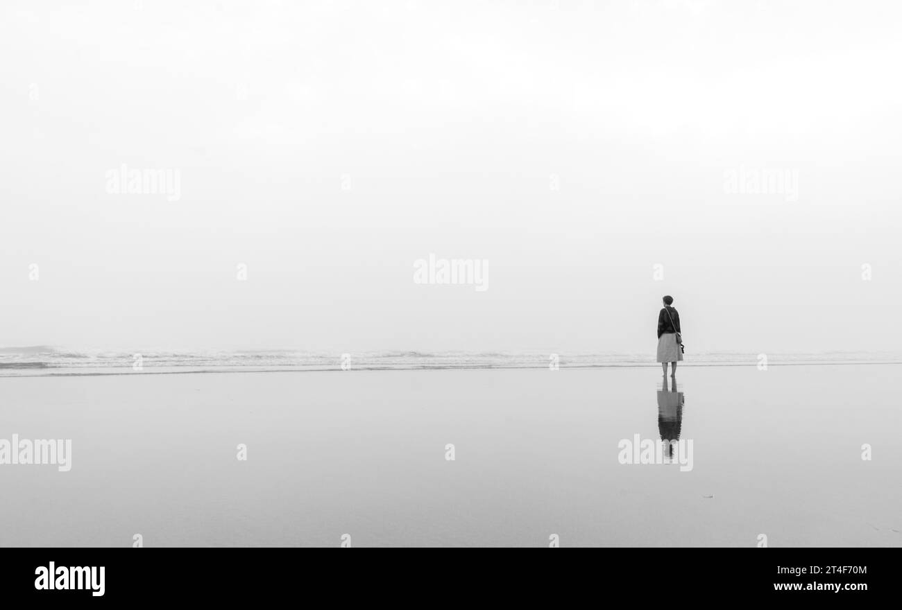 Una donna sola sulla spiaggia nebbiosa Foto Stock