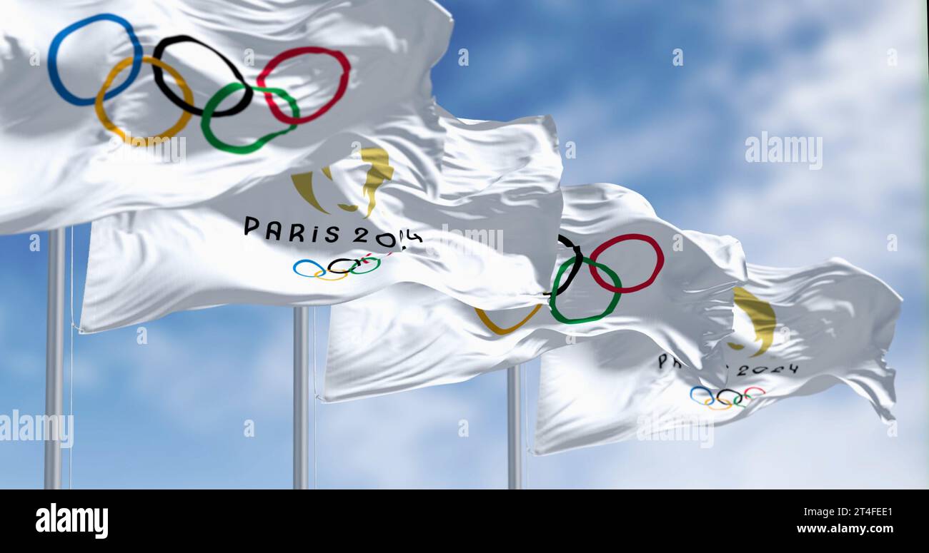 Parigi, FR, 12 ottobre 2023: Parigi 2024 e le bandiere dei Giochi olimpici sventolano nel vento. Evento sportivo internazionale. Illustrazioni 3d editoriali illustrative Foto Stock