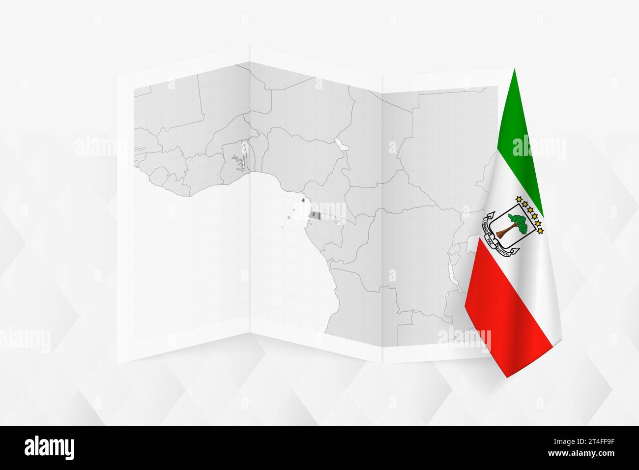 Una mappa in scala di grigi della Guinea Equatoriale con una bandiera della Guinea Equatoriale appesa su un lato. Mappa vettoriale per molti tipi di notizie. Illustrazione vettoriale. Illustrazione Vettoriale