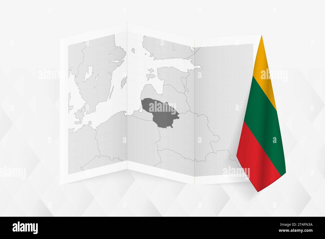 Una mappa in scala di grigi della Lituania con una bandiera lituana appesa su un lato. Mappa vettoriale per molti tipi di notizie. Illustrazione vettoriale. Illustrazione Vettoriale