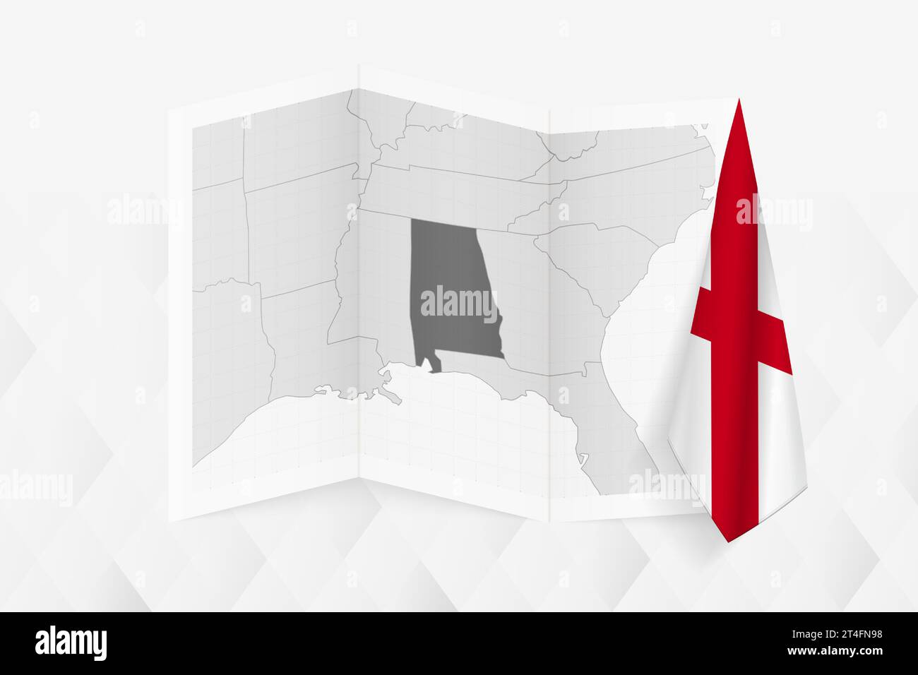Una mappa in scala di grigi dell'Alabama con una bandiera dell'Alabama appesa su un lato. Mappa vettoriale per molti tipi di notizie. Illustrazione vettoriale. Illustrazione Vettoriale