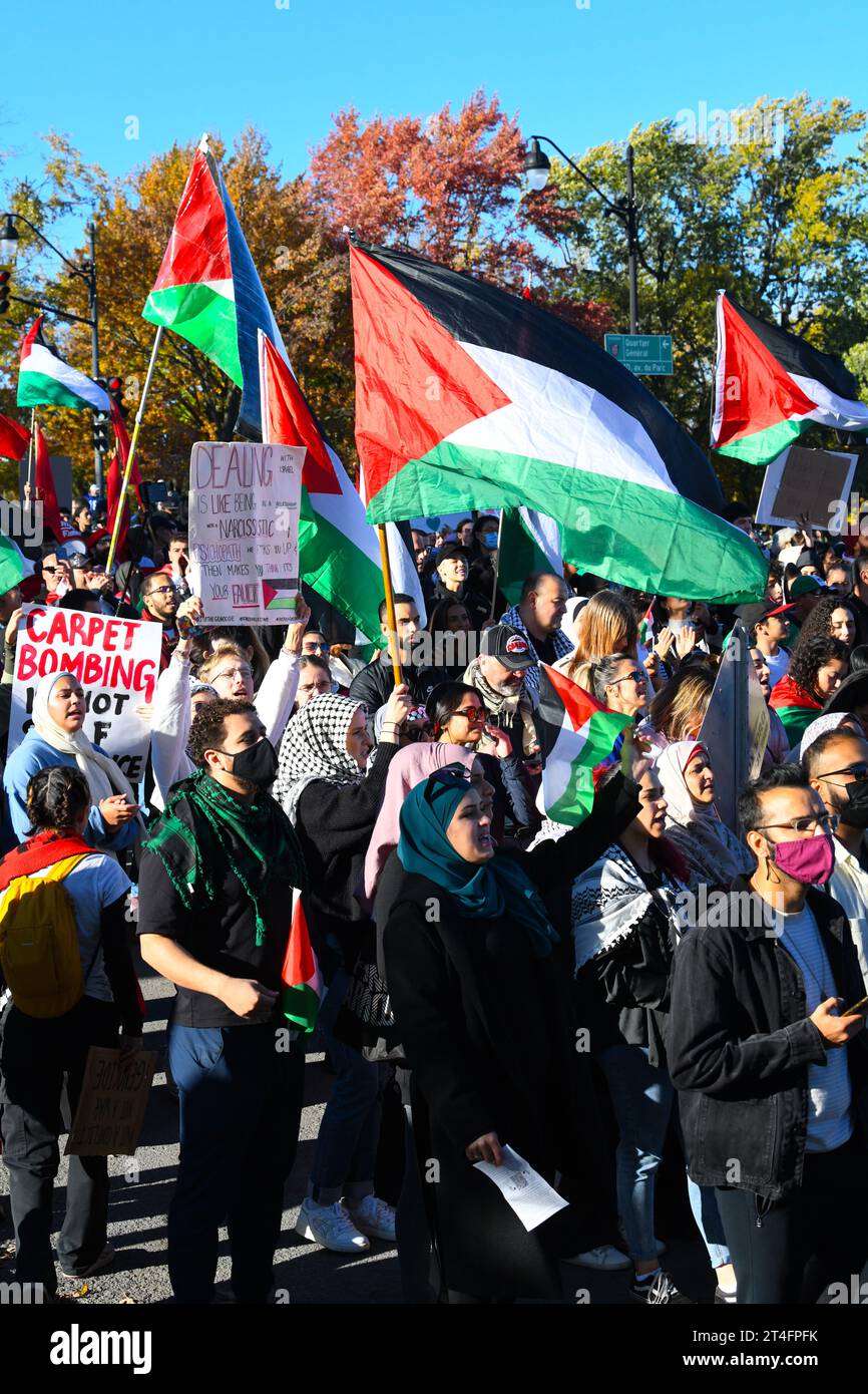 A Montreal, in Canada, una moltitudine di manifestanti uniti in solidarietà con i palestinesi, chiedendo con fervore un cessate il fuoco urgente a Gaza, 28 ottobre 2023 Foto Stock