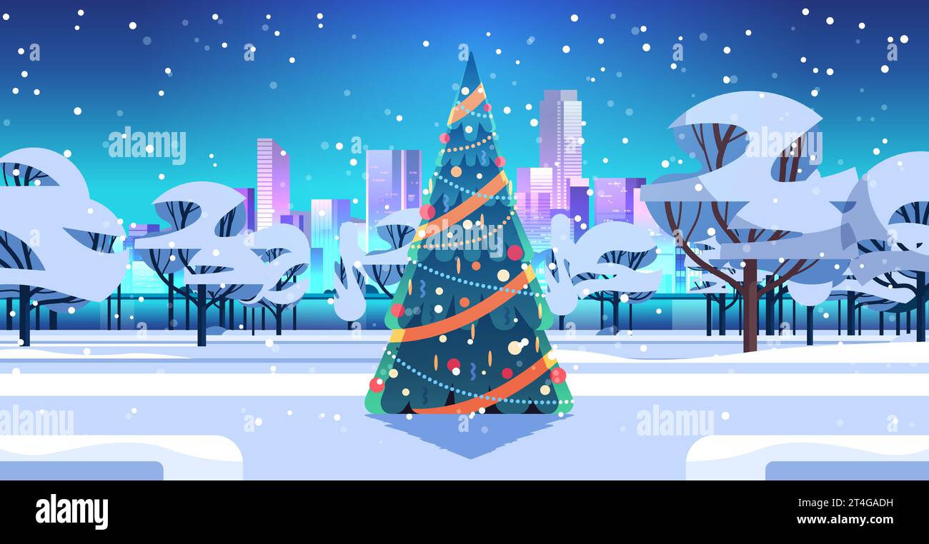 parco cittadino con albero di natale decorato e fiocchi di neve nel cielo notturno felice concetto di festeggiamenti invernali per il nuovo anno Illustrazione Vettoriale