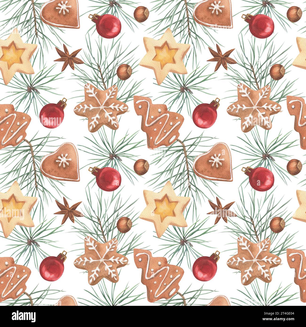 Motivo senza cuciture degli elementi natalizi disegnati ad acquerelli. Biscotti e spezie. Un motivo brillante per creare confezioni per le vacanze. Foto Stock