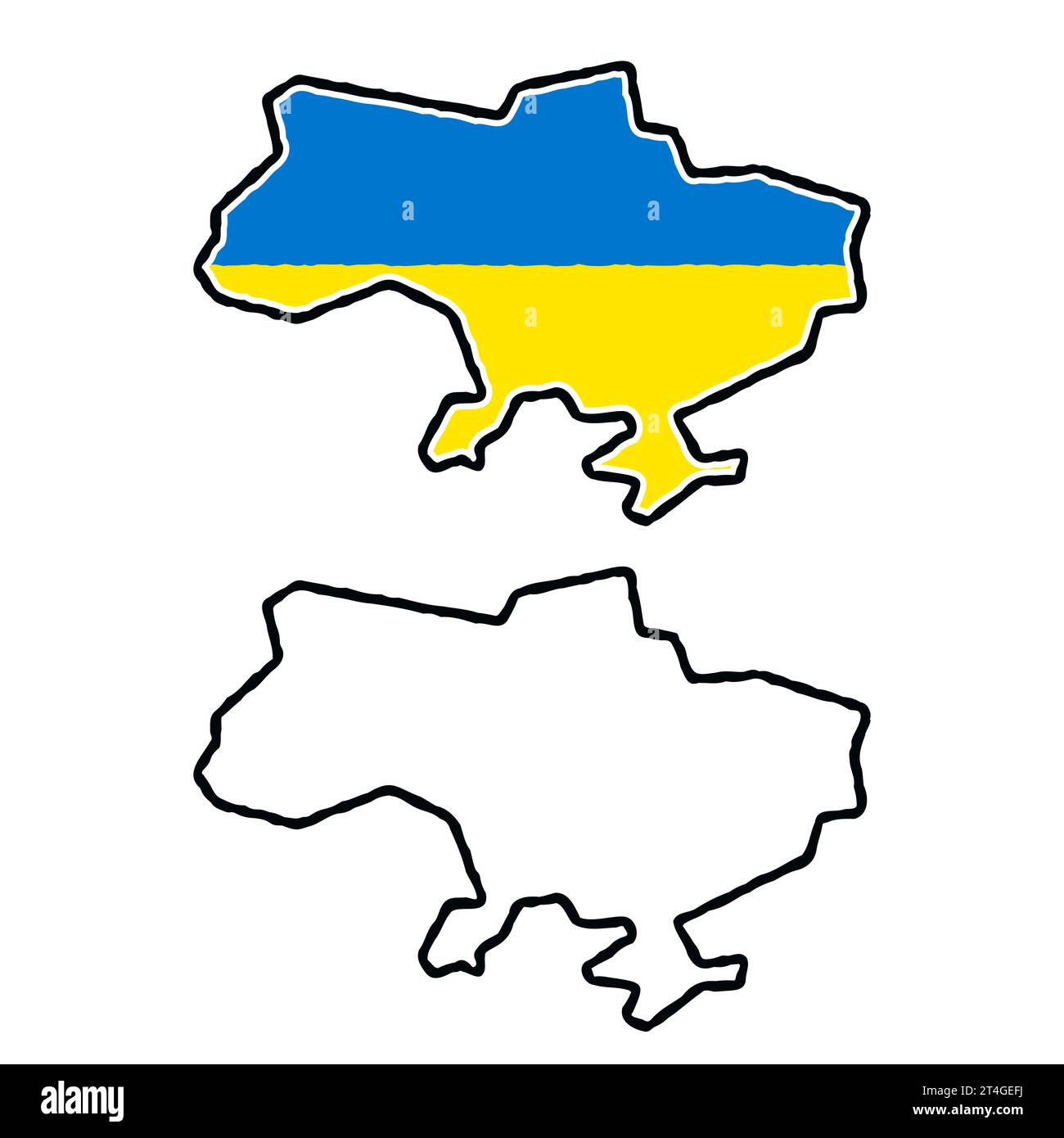 Mappa cartoon disegnata a mano dell'Ucraina. Disegno a linee in bianco e nero e colori della bandiera Ucraina. Illustrazione della clip art vettoriale. Illustrazione Vettoriale