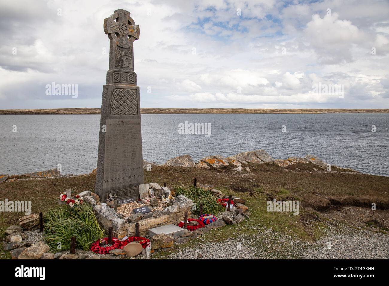 Memoriale a Fitzroy nelle Isole Falkland, alle guardie gallesi uccise nell'attacco alla nave Sir Galahad durante la guerra delle Falkland, l'8 giugno 1982 Foto Stock