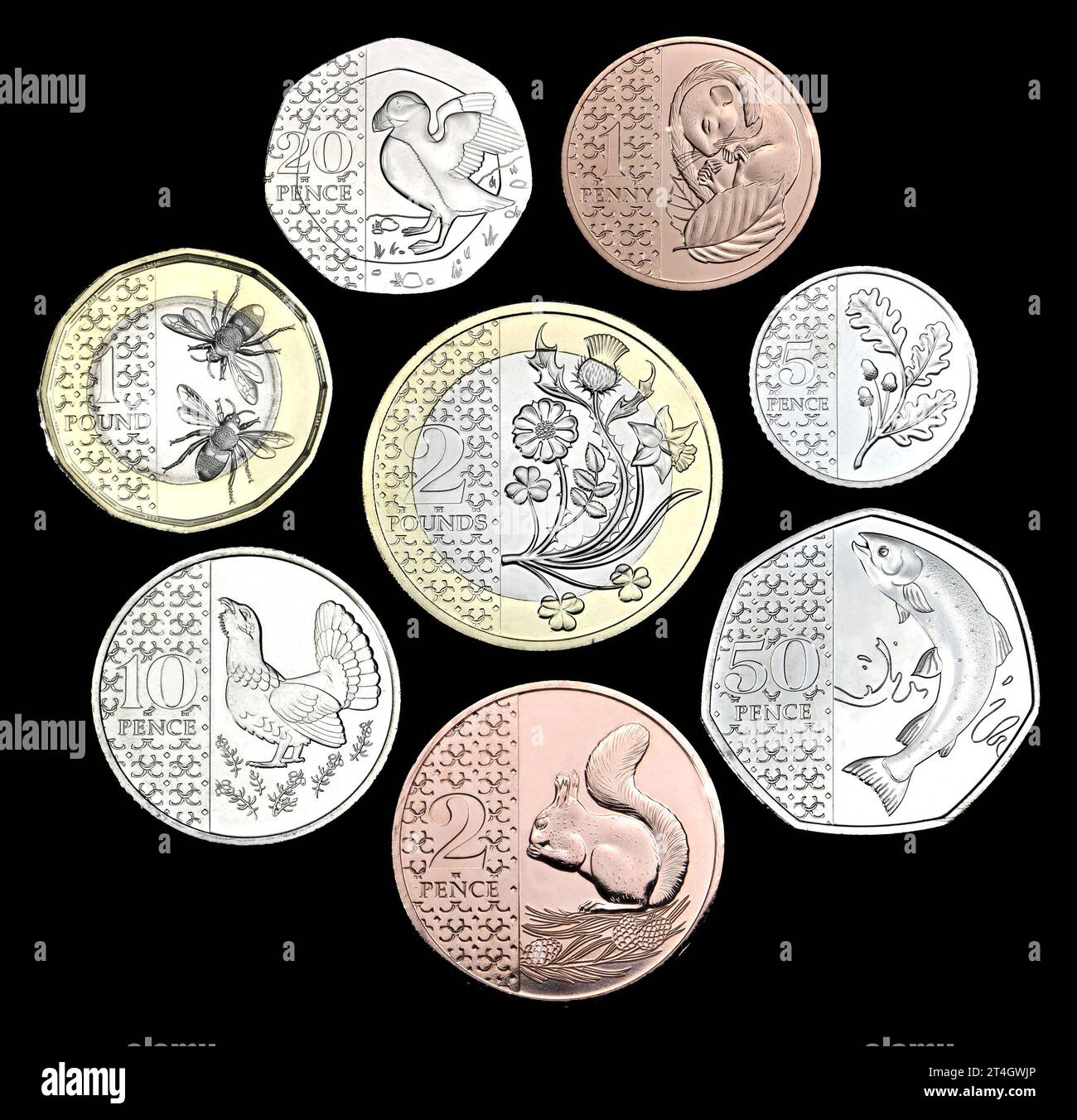 Prima serie definitiva di monete britanniche con re Carlo III, emesse nel 2023 Foto Stock