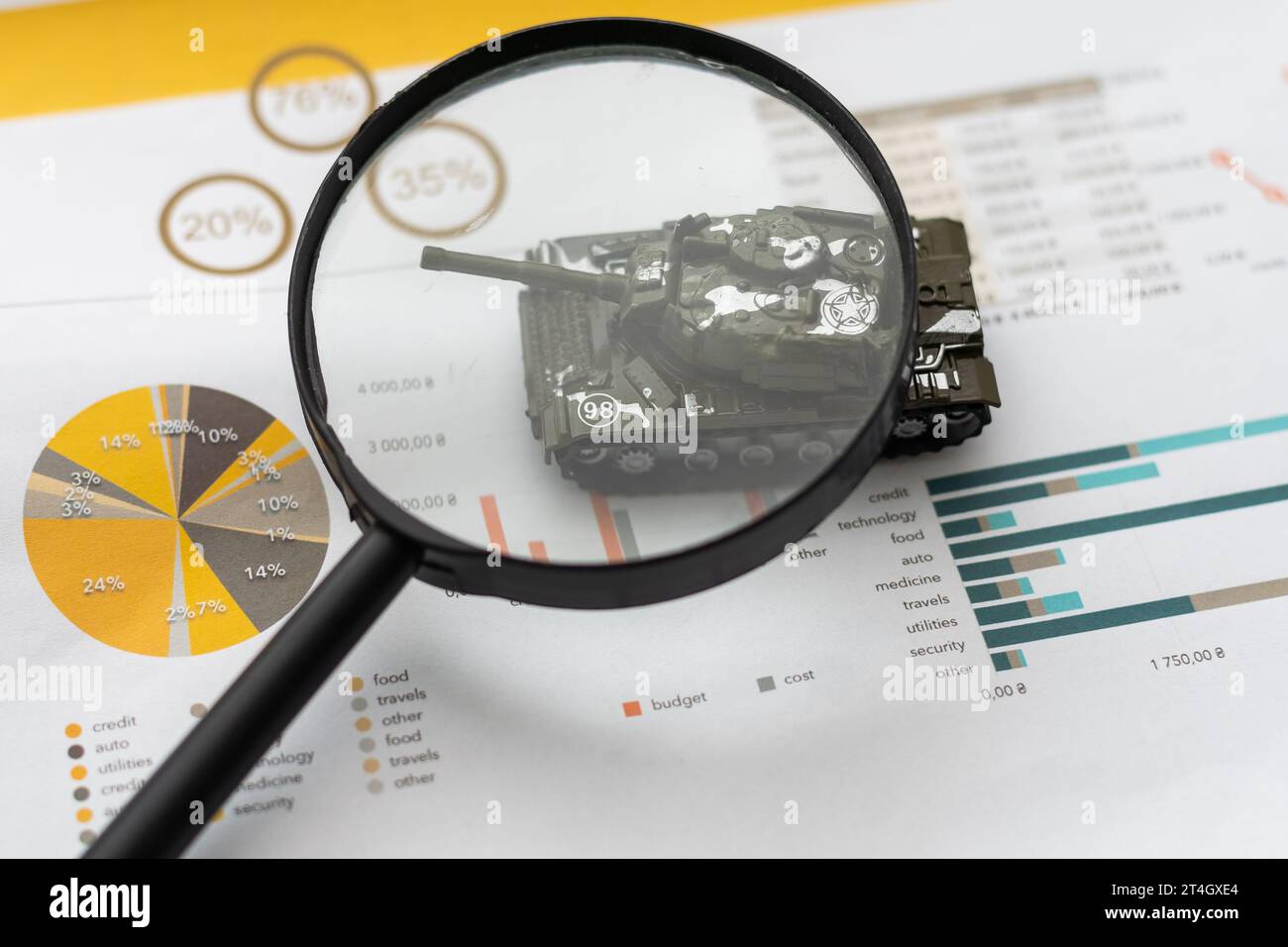 Curva crescente con tabelle dei tassi e calcolatrice come simbolo dell'aumento dei prezzi delle azioni. Foto Stock