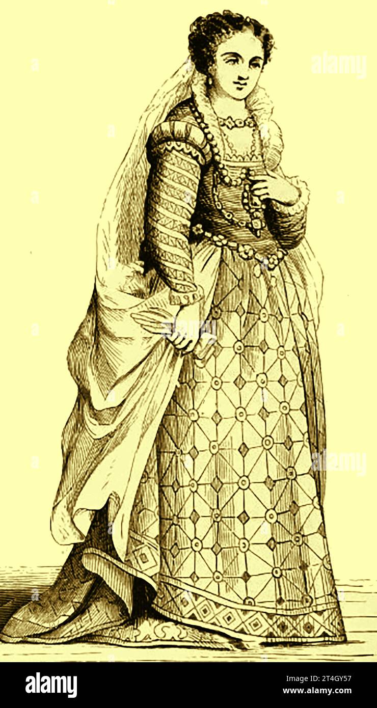 L'abito tipico di una donna di alta classe a Roma , Italia con gioielli nel XVI secolo. - Tipico abito da donna a Roma, in Italia, nel XVI secolo. Foto Stock