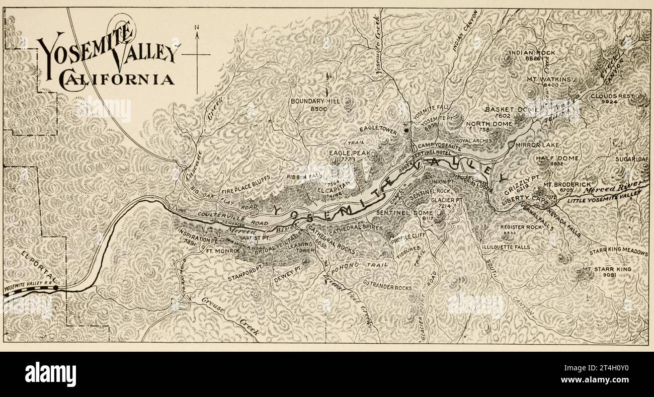 Mappa di YOSEMITE NATIONAL PARK dal libro tre meraviglie del West americano : note di un viaggiatore, riguardanti il parco di Yellowstone, il parco nazionale di Yosemite e il Grand Canyon del fiume Colorado, con un capitolo sulle altre meraviglie del grande West americano di Thomas Dowler Murphy, pubblicato dalla Page Company nel 1913 Foto Stock