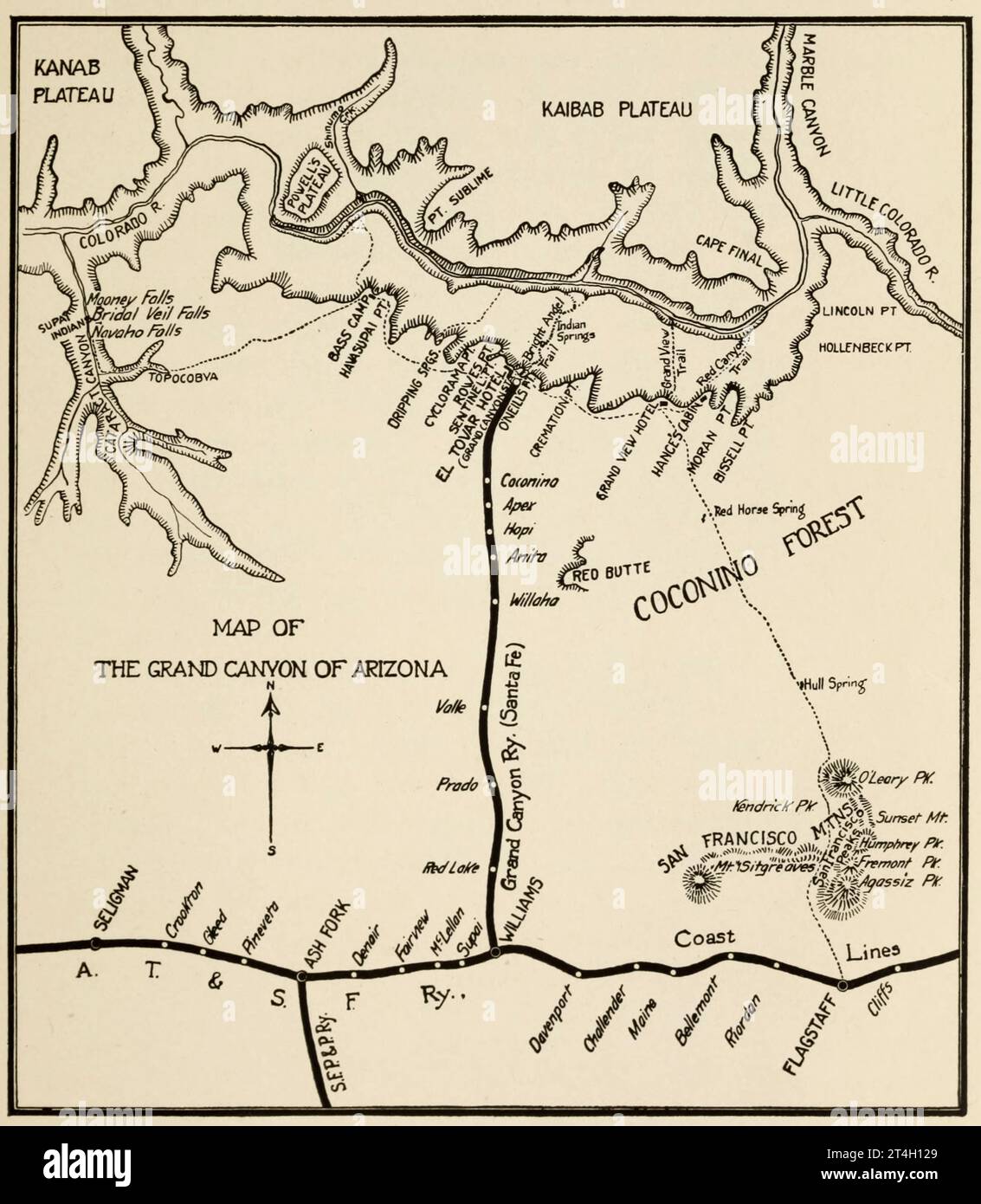 Mappa della REGIONE DEL GRAND CANYON dal libro tre meraviglie del West americano : note di un viaggiatore, riguardanti il parco di Yellowstone, il parco nazionale di Yosemite e il Grand Canyon del fiume Colorado, con un capitolo sulle altre meraviglie del grande West americano di Thomas Dowler Murphy, pubblicato dalla Page Company nel 1913 Foto Stock