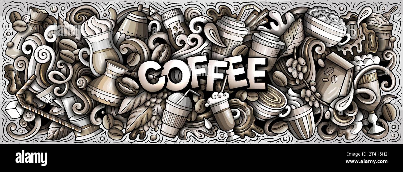 L'illustrazione dei cartoni animati per il caffè vettoriale presenta una varietà di oggetti e simboli Coffeehouse. Immagini stravaganti e divertenti in bianco e nero. Illustrazione Vettoriale