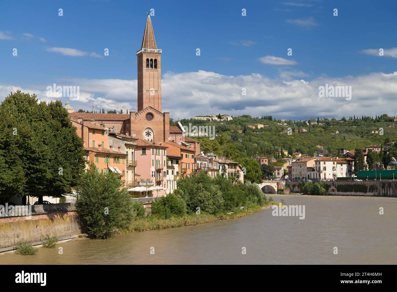 Vista verso la Basilica di Santa Anastasia da Ponte nuovo, Verona, Italia. Foto Stock