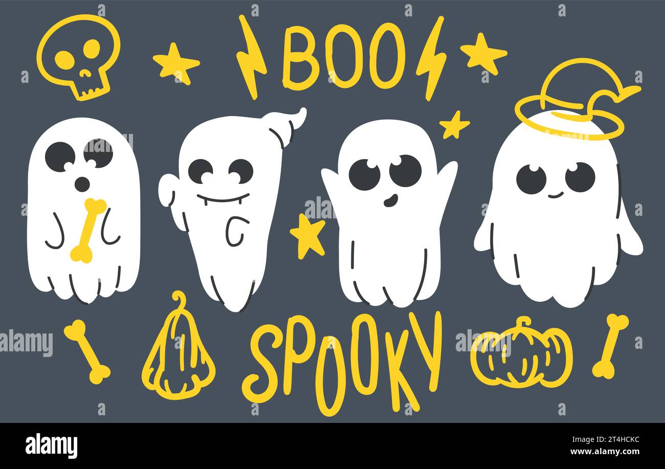 Set di tessuti fantasma. Fantocci volanti. Simpatici mostri volanti. Silhouette natalizie. Illustrazione vettoriale di moda disegnata a mano. Tutti gli elementi isolati Illustrazione Vettoriale