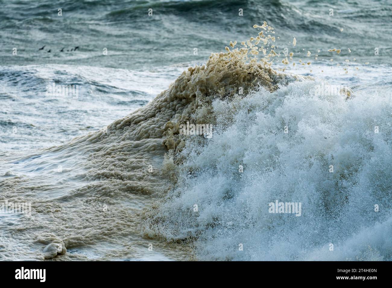 sfondo naturale astratto di un'onda oceanica che si schianta contro la schiuma marina o lo spume durante una tempesta invernale sul mare turbolento Foto Stock