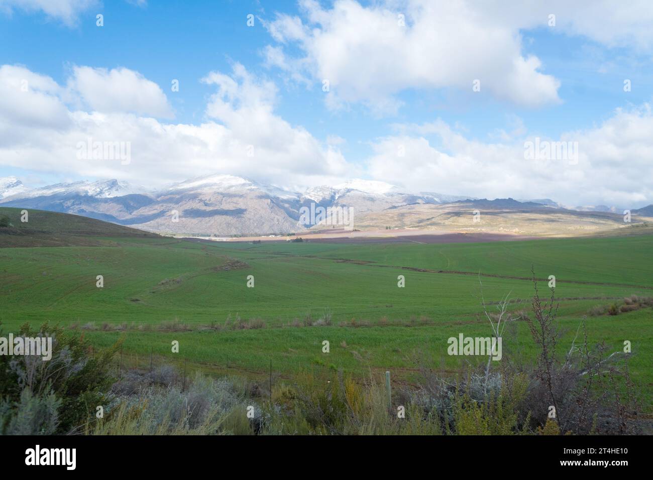 Paesaggio agricolo invernale, vista panoramica su una valle e montagne innevate a Cerere, Capo Occidentale, concetto di agricoltura e agricoltura sudafricana Foto Stock