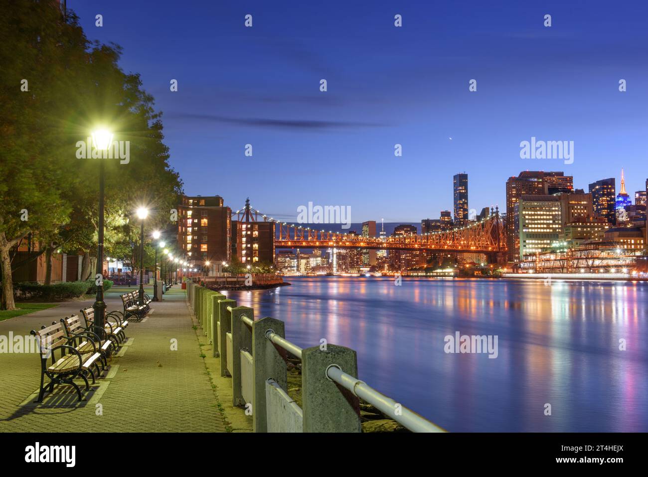 New York City, New York, Stati Uniti d'America sull'East River da Roosevelt Island di notte. Foto Stock