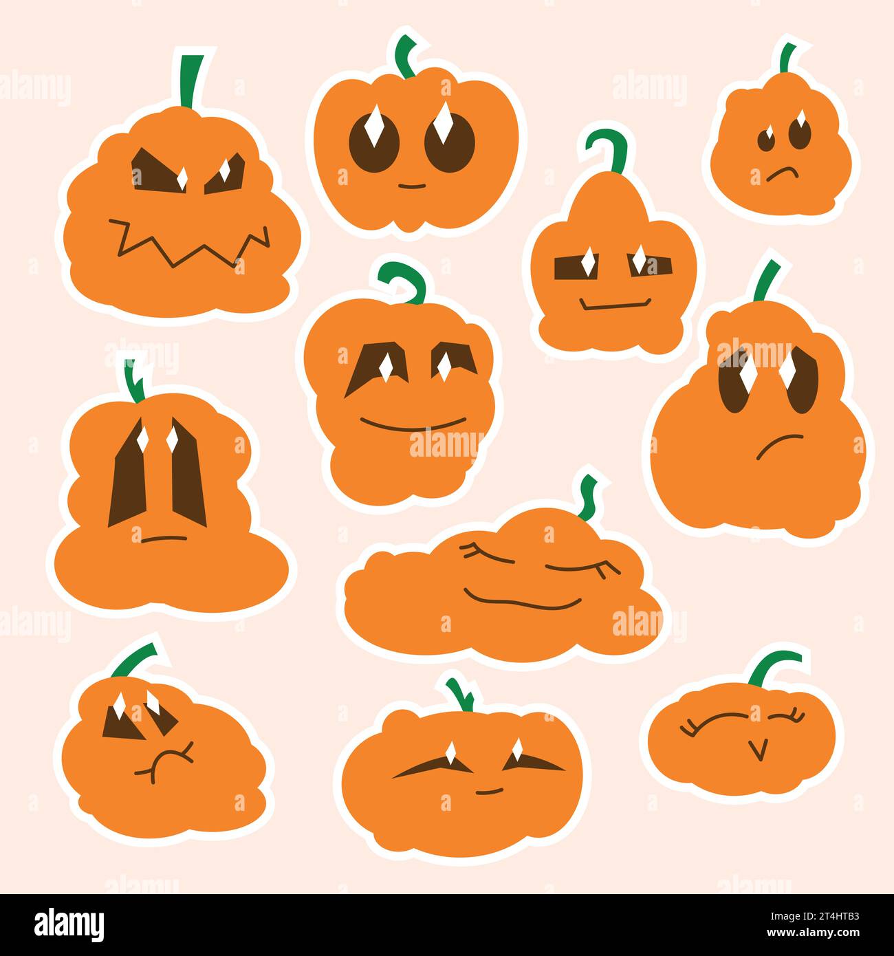 Simpatici adesivi di zucca, bontà emotiva, tristezza, divertimento. Zucche di Halloween, grafica vettoriale, per bambini, Illustrazione Vettoriale