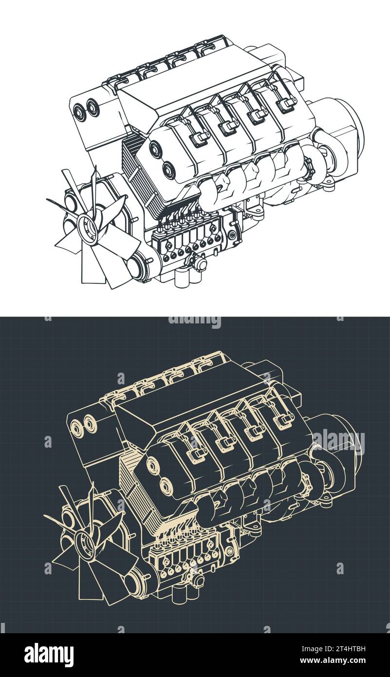 Illustrazioni vettoriali stilizzate di progetti isometrici del motore turbo diesel Illustrazione Vettoriale