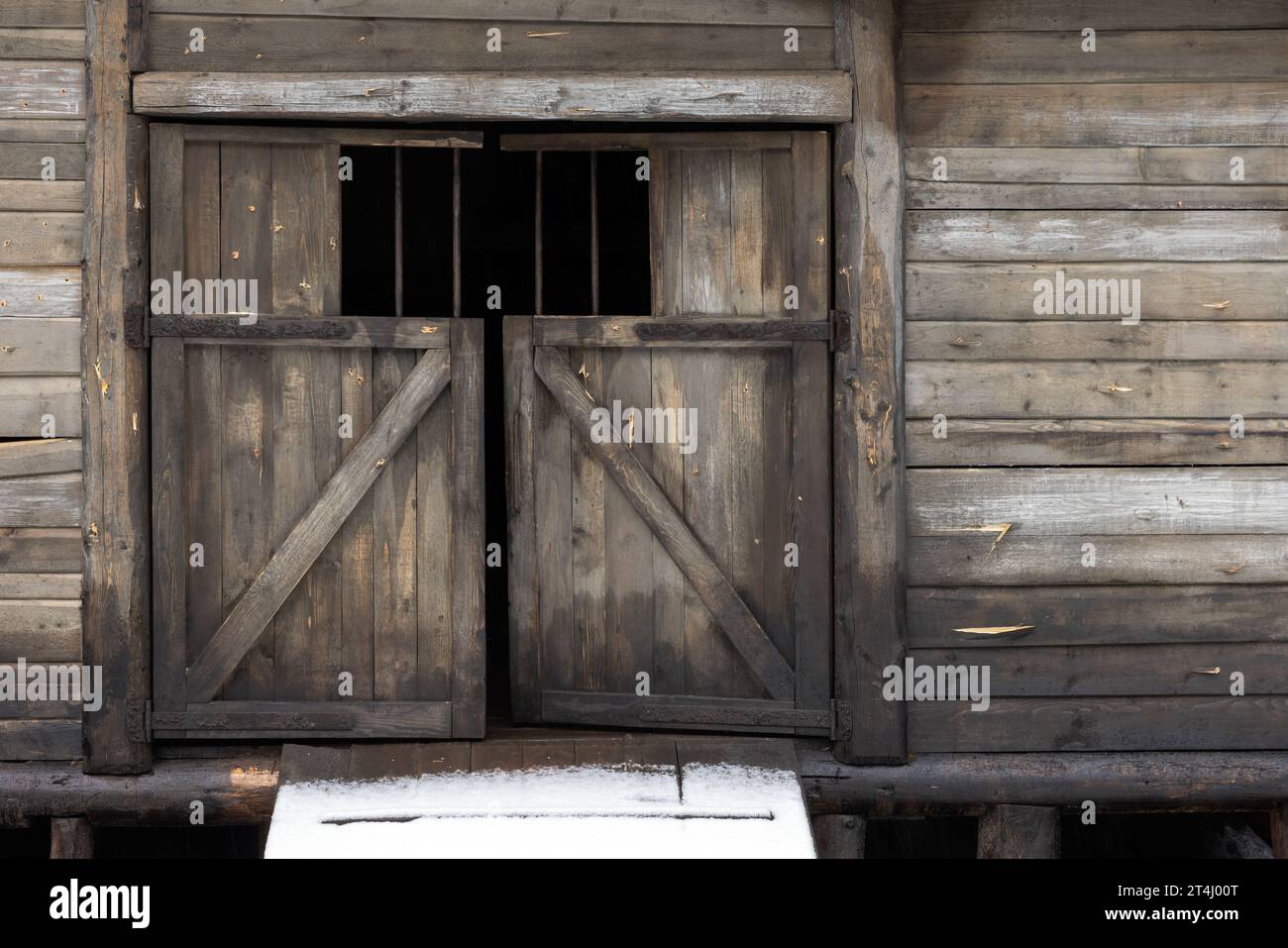 Porta chiusa di una vecchia casa in legno, dettagli architettonici rurali, texture fotografica di sfondo Foto Stock