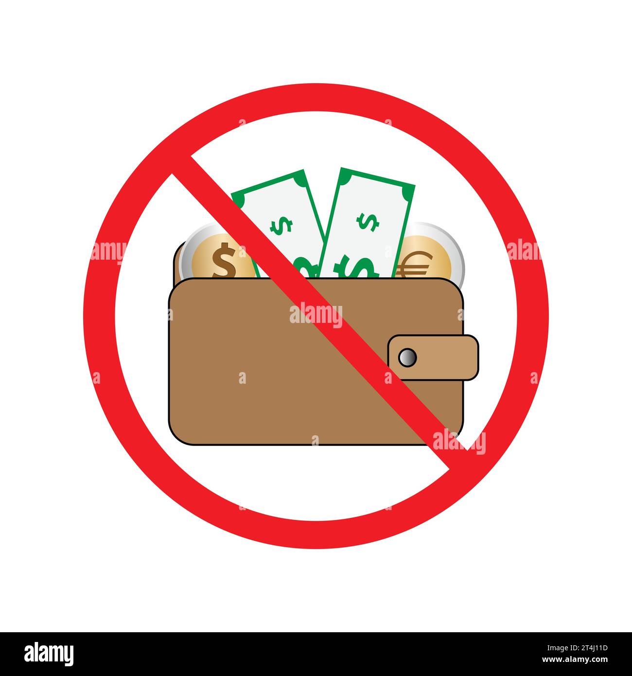 Portafoglio con banconote e monete in dollari e in euro e simbolo di divieto, il concetto di contante non è accettato Illustrazione Vettoriale