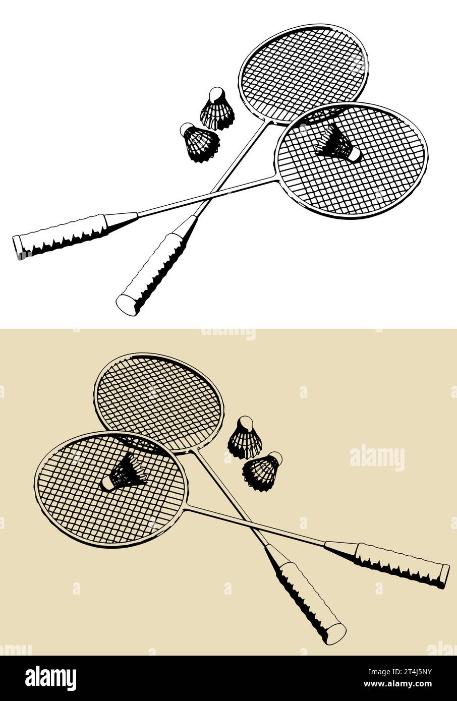 Illustrazioni vettoriali stilizzate di racchette e rubinetti per giocare a badminton Illustrazione Vettoriale