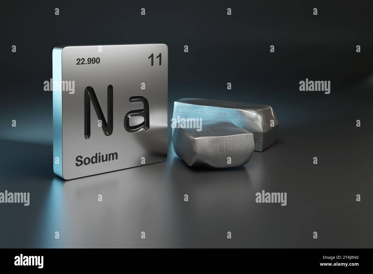 Simbolo dell'elemento di sodio dalla tabella periodica vicino al sodio metallico con spazio di copia. illustrazione 3d. Foto Stock